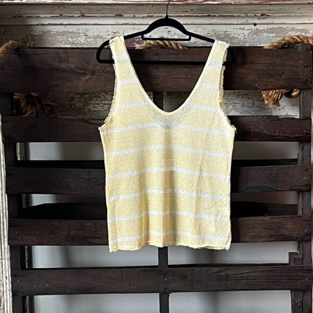 🟠NWT ZARA Linen Blend Tank in Pale Yellow/White Stripes LG